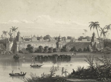 Téléchargez les photos : Peinture Miniature, Vue sur le Palais d'Agra depuis la rivière Cet endroit a été construit par l'empereur Akbar au milieu du XVIe siècleXIXe siècle, Inde - en image libre de droit
