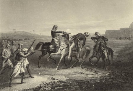 Foto de Pintura en miniatura, coronel Platt asesinado por los mutantes en Mhow Indore Mutiny scenes 1857, India - Imagen libre de derechos