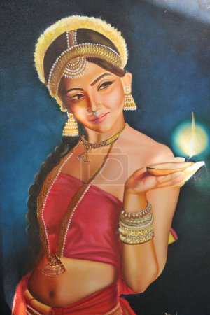 Foto de Mujer sosteniendo diya aceite lámpara arte pintura - Imagen libre de derechos