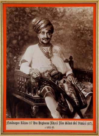 Photo for Painting and old royal portrait of Javanagar Rajan 17 his highness Jadeja Jam Saheb Sri Vibhai Ji 67 1852-95 ; Gujarat ; India - Royalty Free Image