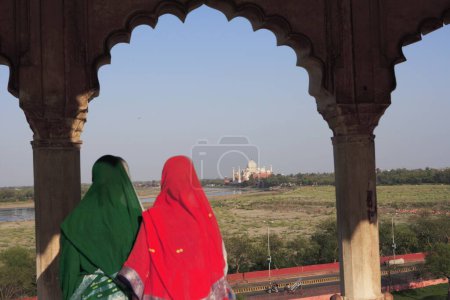 Téléchargez les photos : Taj Mahal vue depuis le fort d'Agra construit au XVIe siècle par l'empereur moghol sur la rive ouest du fleuve Yamuna, Agra, Uttar Pradesh, Inde Site du patrimoine mondial de l'UNESCO - en image libre de droit