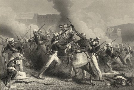 Foto de Pintura en miniatura, muerte del brigadier Adrian Hope en el ataque al fuerte de Roodamow 15 de abril de 1858 - Imagen libre de derechos