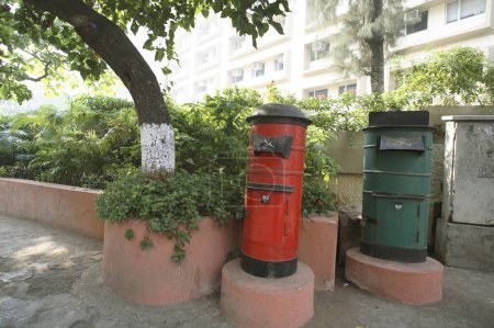 Letter box; red and green; communication; postal services; Urban; Nariman Point; Bombay  Mumbai;  Maharashtra; India