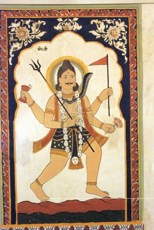 Bhairon on Wall frescoed paintings in Poddar Haveli Museum  ; Nawlgarh ; Rajasthan  ; India