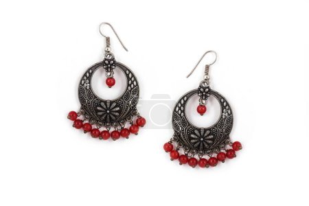 Silver Oxidized Earrings Ethnic Indian Style, Stylish With red Beads, Jhumka Earrings, Dangle Drop Stud Earrings