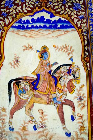 Wandbild an der Wand von Haveli oder Villa; Shekhawati; Rajasthan; Indien