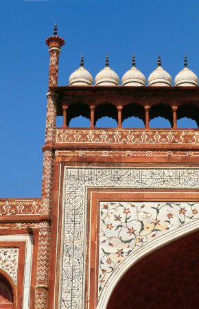 Photo for Richly decorated inlay work on top of entrance building of Taj Mahal Seventh Wonder of The World , Agra , Uttar Pradesh , India - Royalty Free Image