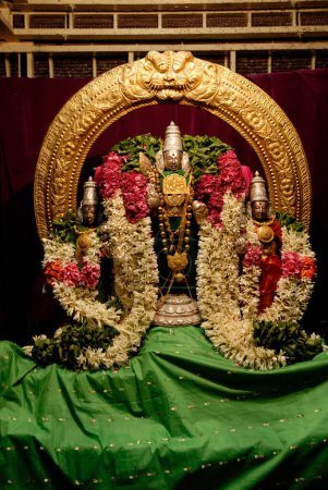 Decorated Urchava deity of lord Subrahmanya with consorts Valli and Deivanai Devasena inside temple; Tirutani ; Tamil Nadu ; India