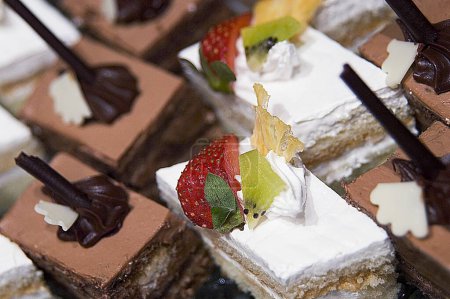Snacks , A piece of black and white chocolate gateau food dessert cake pastries sweet