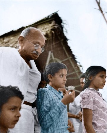 Foto de Mahatma Gandhi camino a la Conferencia de Trabajadores Constructivos, Madras, Tamil Nadu, India, Asia, 24 de enero 1946 - Imagen libre de derechos