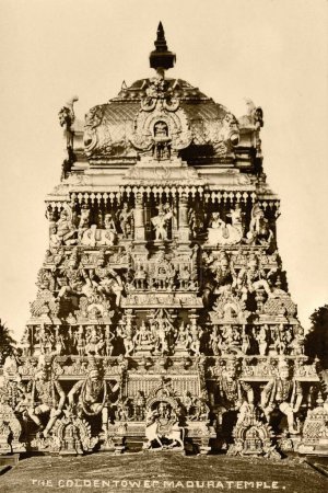 Foto de Antigua postal torre de oro madura templo, Tamil Nadu, India - Imagen libre de derechos