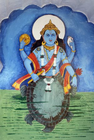 Foto de Kurmavtar o tortuga segunda encarnación del Señor Vishnu coloridamente pintado en la pared del templo de Vishnu Narayan en la parte superior de Parvati; Pune; Maharashtra; India - Imagen libre de derechos