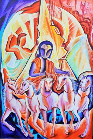 Foto de El Señor Krishna montando caballos obra de arte pintura - Imagen libre de derechos