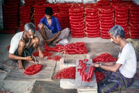 Photo for Glass bangles checking and packing in Firozabad, Uttar Pradesh, India - Royalty Free Image