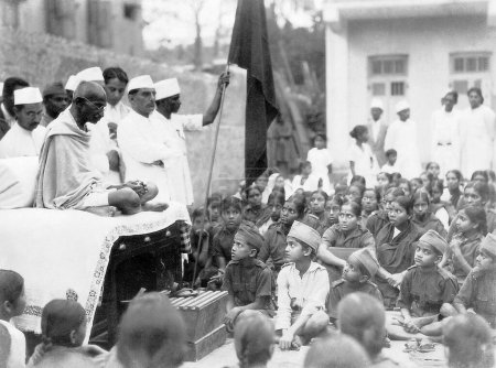 Photo for Mahatma Gandhis address to Mumbai volunteers at the Congress House, Mumbai, Maharashtra, India, 1931 - Royalty Free Image