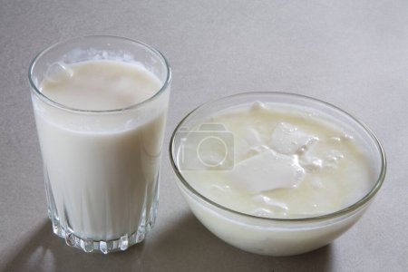 Plein verre de lait et de yaourt caillé dahi fabriqué à partir de lait maison ou de produits laitiers, Inde