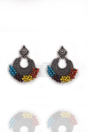 Photo for Silver Oxidized Earrings Ethnic Indian Style, Stylish With multicolored Beads, Jhumka Earrings, Dangle Drop Stud Earrings - Royalty Free Image