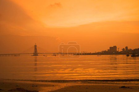 Bandra Worli sea link in silhouette ; Mahim ; Bombay Mumbai ; Maharashtra ; India