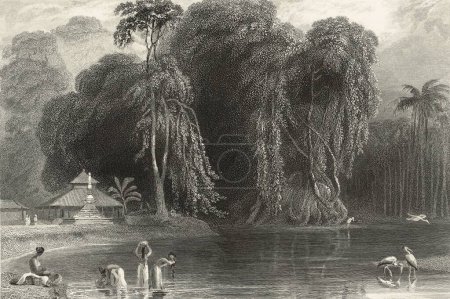 Téléchargez les photos : Peinture Miniature, Scène près de la côte de Malabar Dessinée par W Daniell Inde du Sud 19ème siècle - en image libre de droit