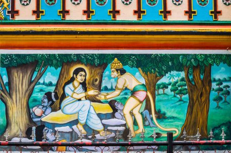 Foto de Sita y Hanuman en ashok vatika pintura, anjaneya templo, karnataka, India, Asia - Imagen libre de derechos