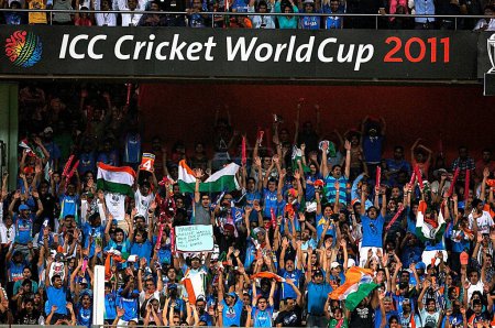 Photo for Indian fans form Mexican wave during the 2011 ICC World Cup Final between India and Sri Lanka at Wankhede Stadium on April 2 2011 in Mumbai India - Royalty Free Image