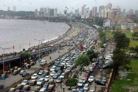 Photo for Traffic come to halt at Marine Drive during victory procession of Twenty 20 team ; Bombay Mumbai ; Maharashtra ; India - Royalty Free Image