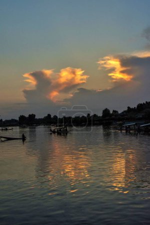 Shikaras at sunset, Dal Lake, Srinagar, Kashmir, India, Asia