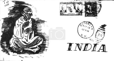Foto de Un sobre enviado a Mahatma Gandhi desde Estados Unidos mostrando un dibujo de Mahatma Gandhi en lugar de una dirección, 1940, India - Imagen libre de derechos