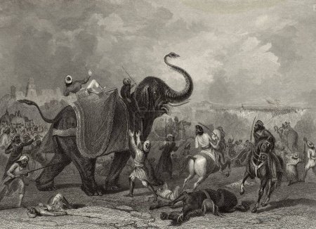 Téléchargez les photos : Peinture Miniature, Le siège de Mooltan 1849, La houdah de l'éléphant de Moolraj frappé par un boulet de canon 19ème siècle - en image libre de droit