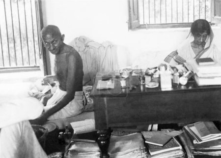 Photo for Mahatma Gandhi and Rajkumari Amrit Kaur at Sevagram Ashram , 1936 , India - Royalty Free Image