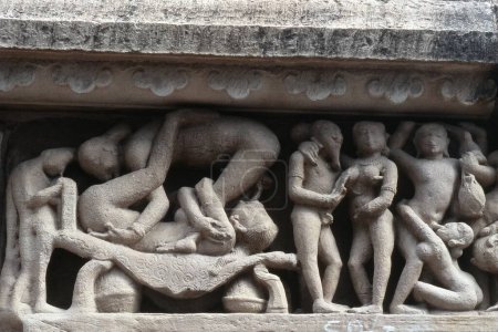 Photo for Erotic stone carving on Lakshmana Temple, Khajuraho, Madhya Pradesh, India, Asia - Royalty Free Image