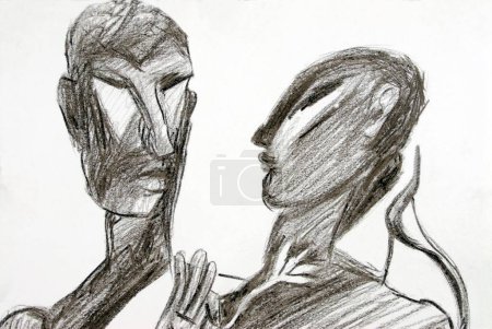 Photo for Man and a woman with cuckoo on her shoulder charcoal drawing on paper - Royalty Free Image