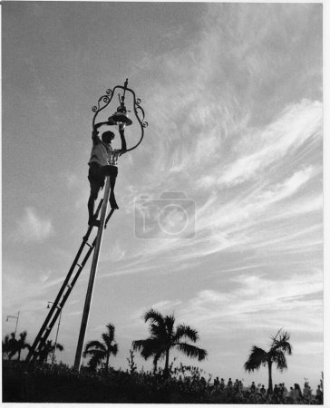 Photo for Maintenance of Gas Light, Nariman Point, Bombay, Mumbai, Maharashtra, 1951. - Royalty Free Image