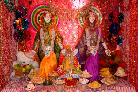 Two idols of goddess Gauri with Parvati richly decorated wearing colourful saris and ornaments in Ganpati festival at Pune ; Maharashtra ; India