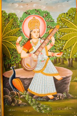 Téléchargez les photos : Peinture murale de la déesse Saraswati art miniature de Bikaner ; Rajasthan ; Inde - en image libre de droit