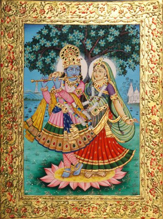 Photo for Radha Krishna miniature painting on paper with golden embossing - Royalty Free Image