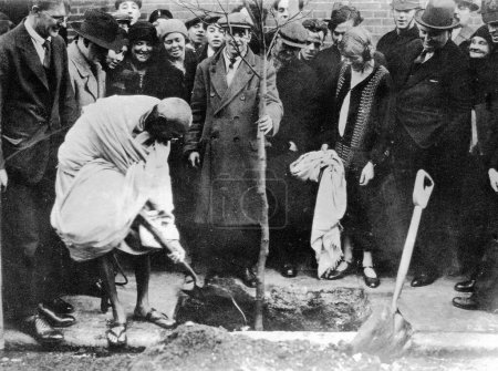 Photo for Mahatma Gandhi planting a tree outside Kingsley Hall, East End, London, England, December 3, 1931. The tree has been destroyed in World War II. by a flash and was replanted by Lady Attenborough in 1984 - MODEL RELEASE NOT AVAILABLE - Royalty Free Image
