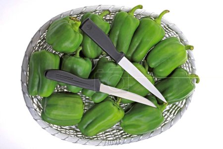 Photo for Green Capsicums Latin Capsicum Annuum in a basket with two Sharp knife with black handle , India - Royalty Free Image