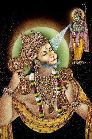 Téléchargez les photos : Peinture miniature Lord Hanuman et Rama sur papier - en image libre de droit