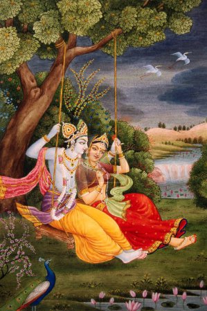 Téléchargez les photos : Radha Krishna appréciant la peinture miniature en jhoola sur papier - en image libre de droit