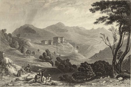 Téléchargez les photos : Peinture Miniature, Village de Naree Himalaya 19ème siècle Inde - en image libre de droit