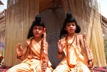 Photo for Two young boys as Lav, Kush in procession of Ramnavmi, Jodhpur, Rajasthan, India - Royalty Free Image