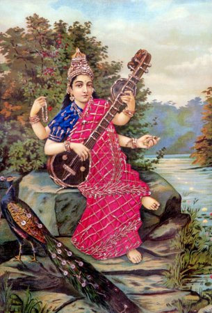 Miniaturmalerei der Göttin Saraswati; nattukkottai chettiars homes; chettinad; tamil nadu; india
