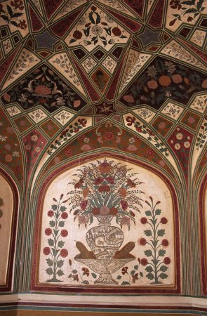 delicate rich painting in tempera gnash poll , amber fort , jaipur , rajasthan , india
