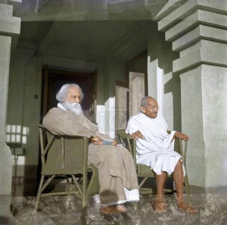 Foto de Mahatma Gandhi con Rabindranath Tagore, Santiniketan, Bengala Occidental, India, Asia, 18 de febrero de 1940 - Imagen libre de derechos