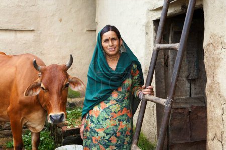 Photo for Rural lady with cow animal husbandry economic initiative started by NGO Chinmaya Organization of Rural Development CORD, Sidhbari, Himachal Pradesh, India - Royalty Free Image