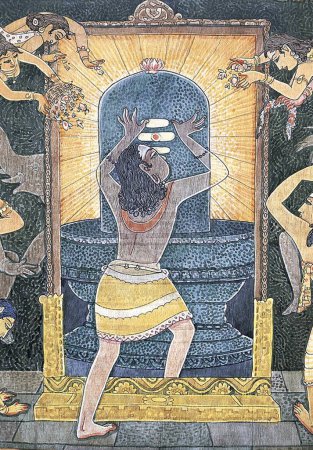 Foto de Alma, mundos interiores, devas, oraciones, flores, sivalinga, bailando con shiva, artista S. Rajam, creencia hindú, arte de la academia himalaya, fusión, monismo, linga, shiva, santo, yogui - Imagen libre de derechos