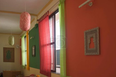Photo for Windows ; curtain ; colors ; Red ; Green ; Day light ; Hiranandani complex ; Thane ; Maharashtra ; India - Royalty Free Image