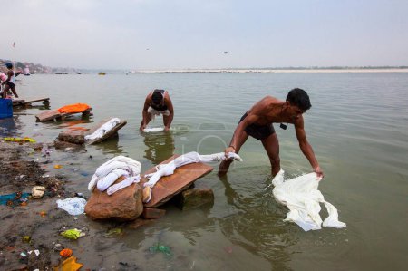 Lavage de vêtements en Ganga River Ganges, Varanasi, Banaras, Benaras, Kashi, Uttar Pradesh, Inde