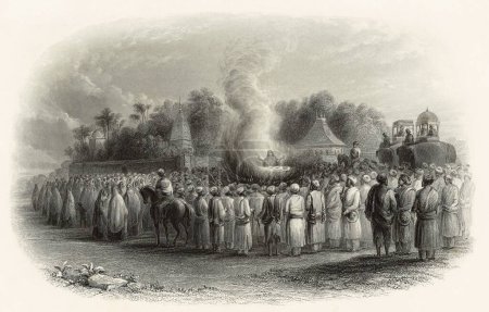 Photo for Miniature Painting , A suttee sati A widow burning herself on her husbands funeral pyre North India , 19th century - Royalty Free Image
